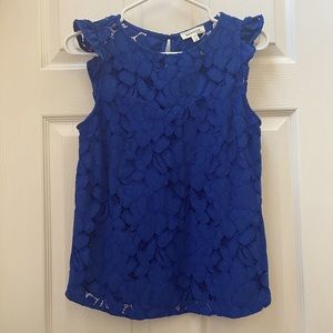 Monteau Blue Lace Floral Blouse, short sleeve, Size Small